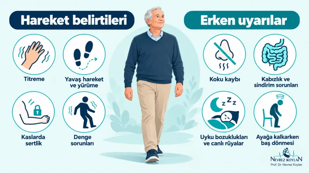Parkinson hastalığının motor ve motor dışı belirtileri: titreme, hareket yavaşlığı, kas sertliği, koku kaybı, kabızlık ve uyku bozukluğu