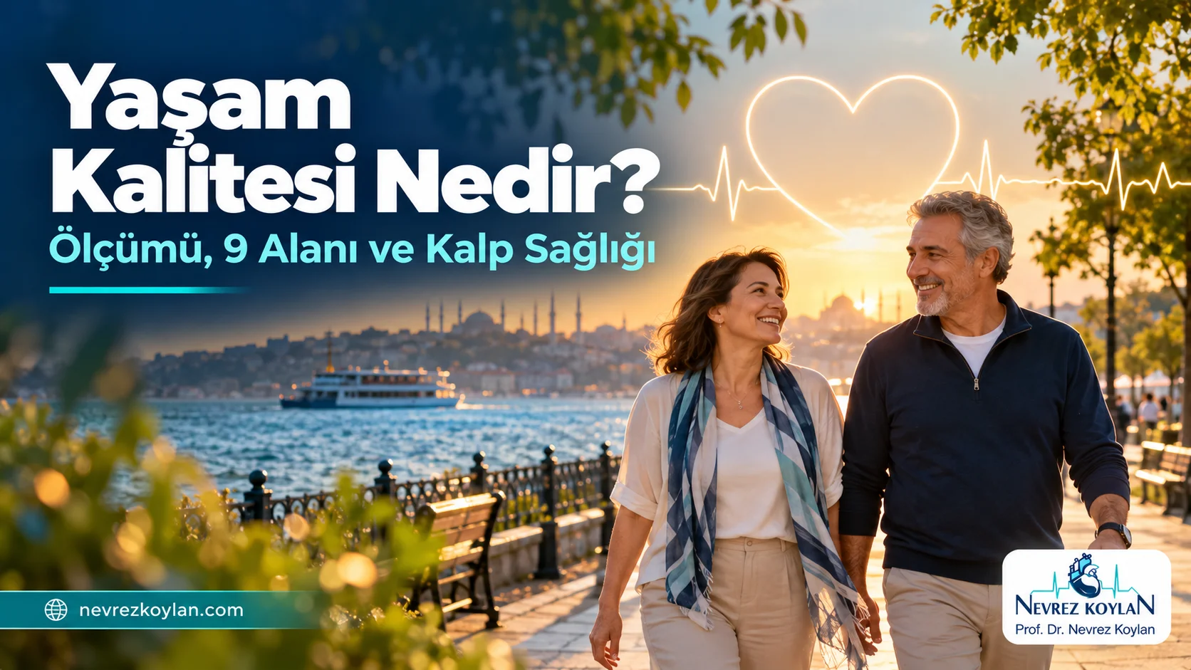 Yaşam kalitesi nedir: gün batımında parkta birlikte yürüyen orta yaşlı çift ve EKG çizgisiyle birleşen kalp simgesi