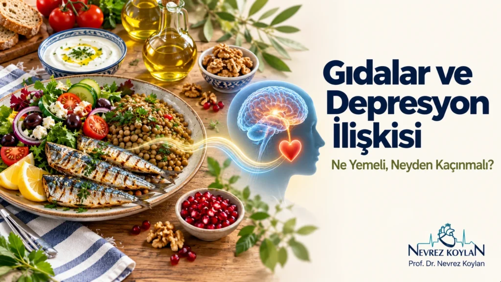 Gıdalar ve depresyon ilişkisi: balık, salata, yoğurt ve zeytinyağından oluşan Akdeniz tabağından beyin ve kalp silüetine uzanan bağlantı, Prof. Dr. Nevrez Koylan logosu