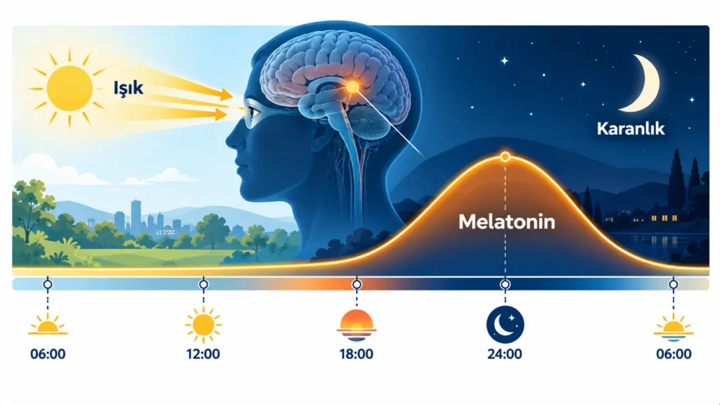 Melatonin salgısının gün ışığında baskılanıp gece yükseldiğini gösteren 24 saatlik sirkadiyen ritim infografiği