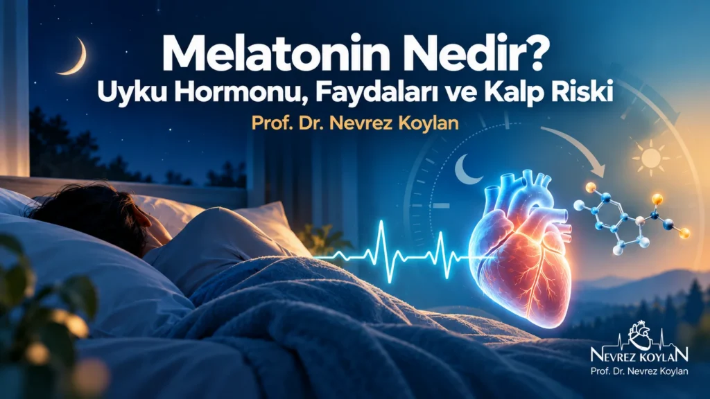 Melatonin nedir başlıklı kapak görseli: gece uyuyan bir kişi, hilal ay, melatonin molekülü ve EKG çizgili kalp ikonu ile Prof. Dr. Nevrez Koylan logosu