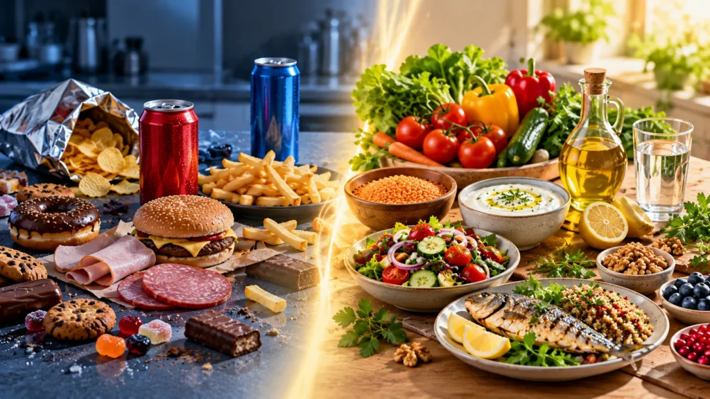 Solda ultra işlenmiş gıdalar ve şekerli içecekler, sağda taze sebze, baklagil ve yoğurttan oluşan sağlıklı alternatifler