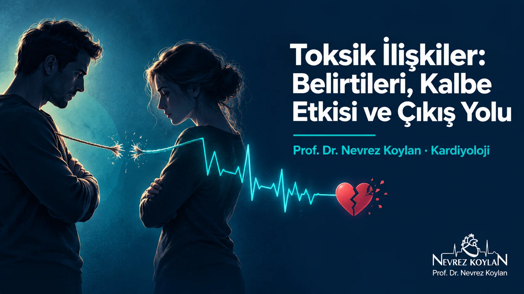 Toksik ilişkiler ve kalp sağlığı: kırık bir ip ile birbirinden ayrılan iki silüet ve aralarında EKG çizgisi