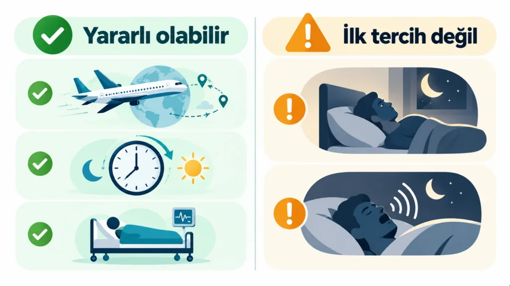 Melatonin takviyesinin yararlı olabileceği jet lag ve kaymış uyku saati ile ilk tercih olmadığı kronik uykusuzluk ve uyku apnesini karşılaştıran görsel