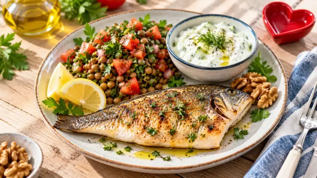 Kalp dostu protein kaynakları: ızgara balık, mercimek salatası, yoğurt ve ceviz ile hazırlanmış Akdeniz tipi tabak