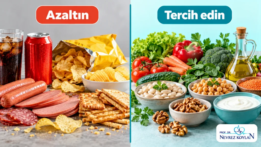 Solda şekerli içecek, salam ve paketli atıştırmalıklar, sağda sebze, baklagil, yoğurt ve zeytinyağıyla ultra işlenmiş ve az işlenmiş gıda karşılaştırması