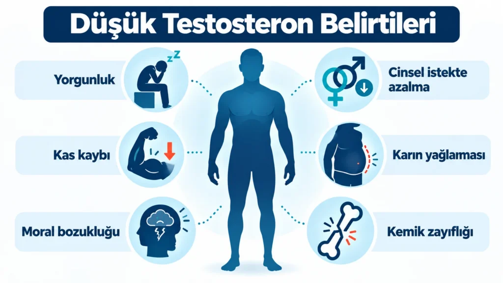 Yorgunluk, cinsel istek azalması, kas kaybı ve moral bozukluğu gibi düşük testosteron belirtilerini gösteren ikonlu görsel