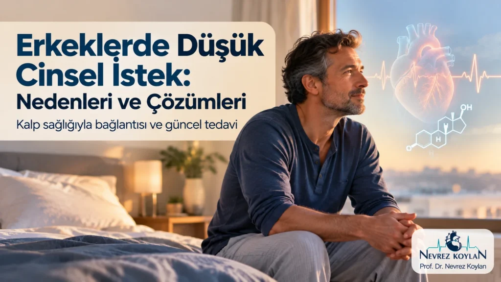Erkeklerde düşük cinsel istek: pencere kenarında düşünceli bir erkek, kalp ve EKG çizgisi; Prof. Dr. Nevrez Koylan logosu