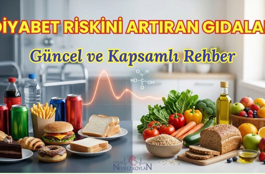 Diyabet riskini artıran şekerli içecekler, fast food ve beyaz ekmek gibi gıdaların bir tarafta; sebze, meyve ve tam tahıllar gibi sağlıklı besinlerin diğer tarafta karşılaştırmalı olarak gösterildiği, ortasında kan şekeri grafiği bulunan modern sağlık temalı kapak görseli.