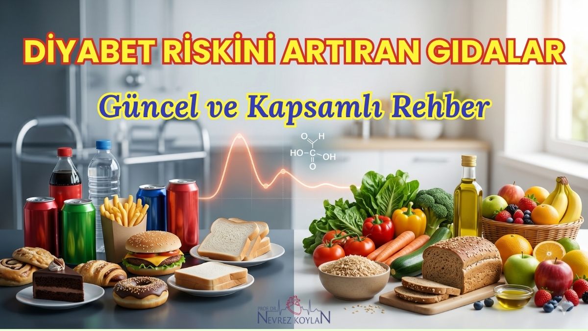 Diyabet riskini artıran şekerli içecekler, fast food ve beyaz ekmek gibi gıdaların bir tarafta; sebze, meyve ve tam tahıllar gibi sağlıklı besinlerin diğer tarafta karşılaştırmalı olarak gösterildiği, ortasında kan şekeri grafiği bulunan modern sağlık temalı kapak görseli.