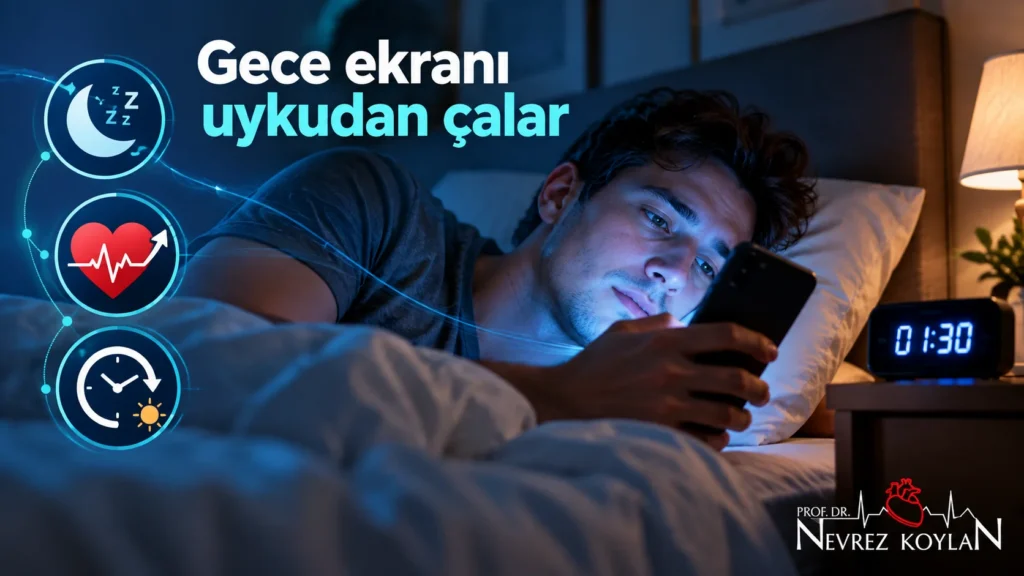 Gece yatakta telefonla kısa video izleyen genç yetişkin; geç saatte ekran kullanımının uyku ve tansiyon üzerindeki etkisini anlatan görsel.