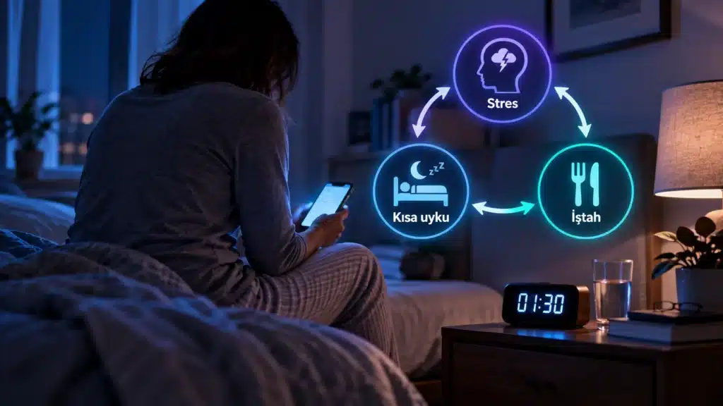 Gece geç saatte telefona bakan yetişkin ve stres, kısa uyku ve iştah arasındaki kısır döngüyü gösteren ikonlar
