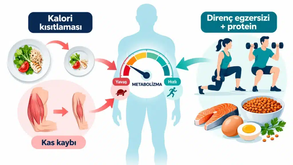 Kalori kısıtlamasıyla yavaşlayan metabolizmanın direnç egzersizi ve proteinle korunmasını gösteren infografik