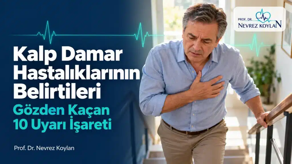 Kalp damar hastalıklarının belirtileri: merdivende göğsünü tutan yetişkin ve EKG çizgisi ile 10 uyarı işareti kapağı