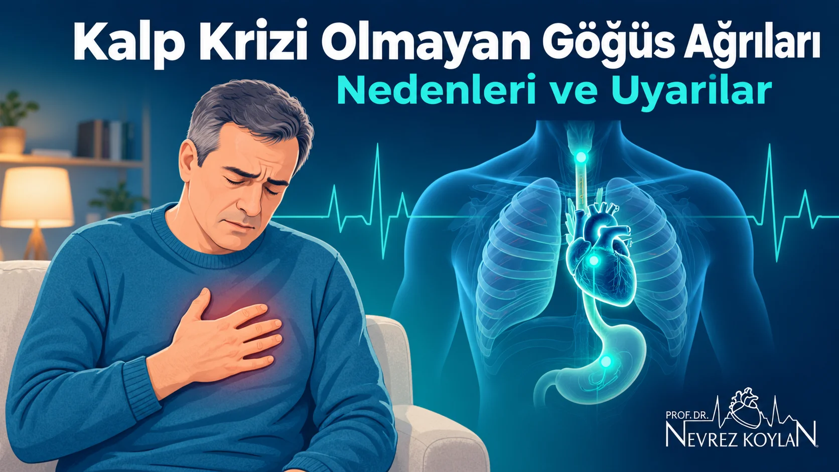 Kalp krizi olmayan göğüs ağrıları: elini göğsüne koymuş orta yaşlı bir adam ve reflü, kas, akciğer ve kaygı kaynaklı ağrı bölgelerini gösteren tıbbi illüstrasyon