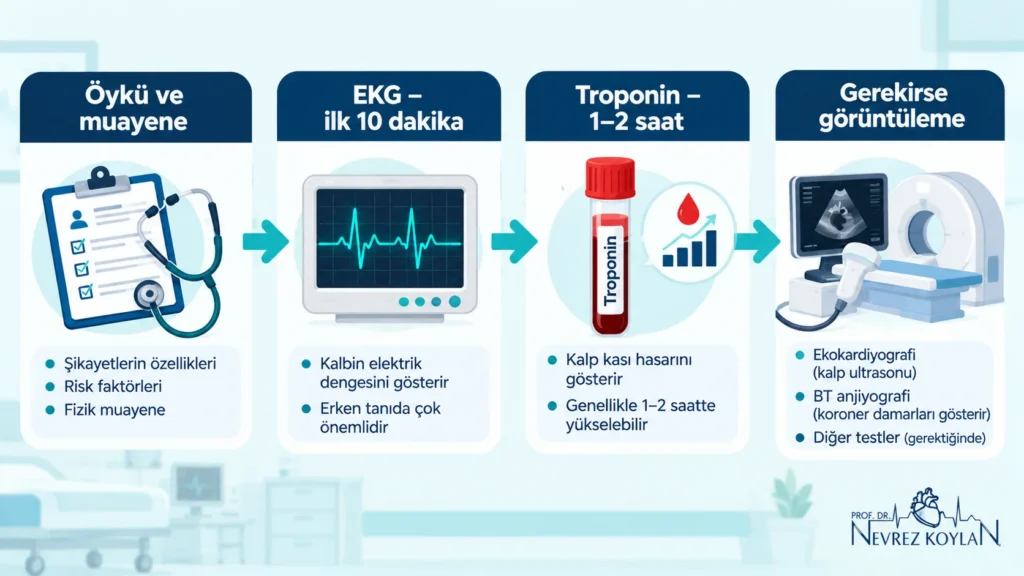 Göğüs ağrısında tanı adımları: EKG, yüksek duyarlıklı troponin kan testi ve ekokardiyografi ikonlarıyla akış şeması