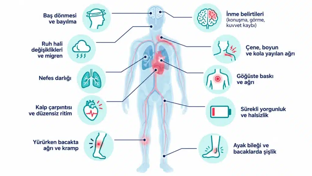 Kalp damar hastalıklarının 10 uyarı işaretini vücut üzerinde gösteren infografik