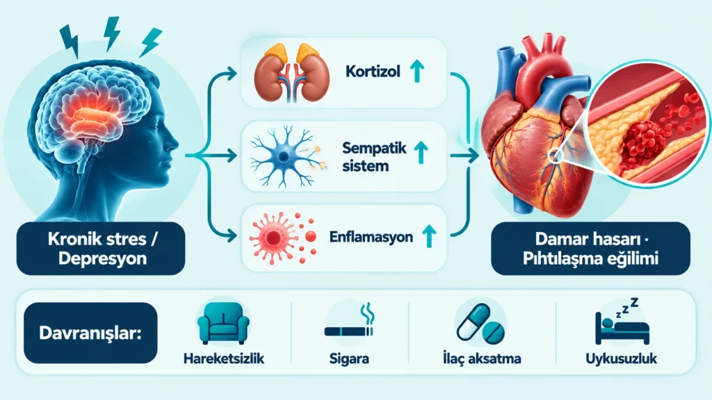 Stresin kortizol, sinir sistemi ve enflamasyon üzerinden kalbi nasıl etkilediğini gösteren sade infografik