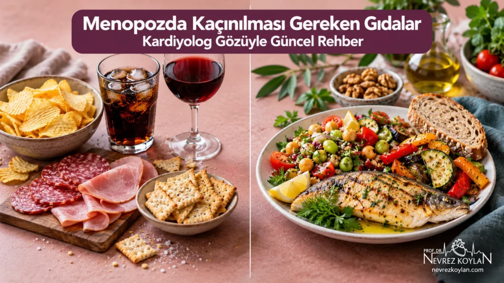 Menopozda kaçınılması gereken gıdalar: solda işlenmiş et, cips ve alkol, sağda soya ve balıklı Akdeniz tabağı – Prof. Dr. Nevrez Koylan