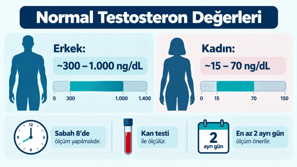 Erkek ve kadınlarda normal testosteron değerlerini ve sabah aç karnına tahlil önerisini gösteren infografik