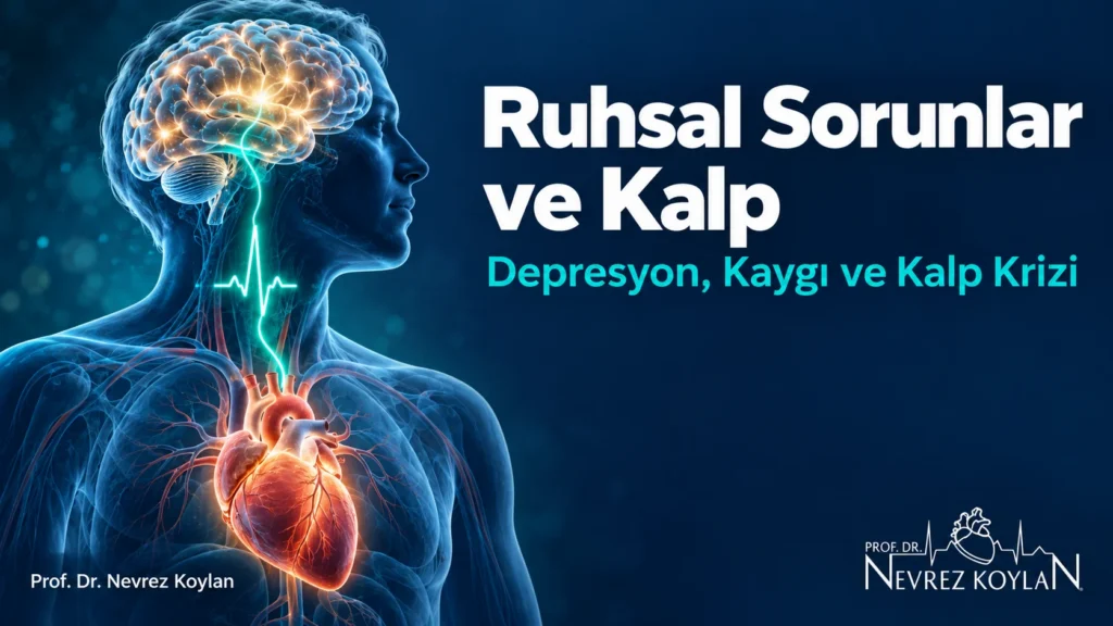 Ruhsal sorunlar ve kalp sağlığı ilişkisini anlatan, beyin ve kalbi ışıklı bir bağla birleştiren kapak görseli