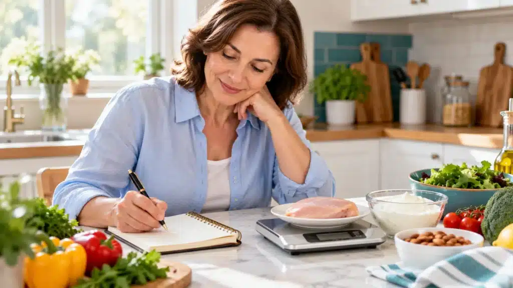 Günlük protein ihtiyacını vücut ağırlığına göre hesaplayan kişi, mutfak tartısı ve not defteri