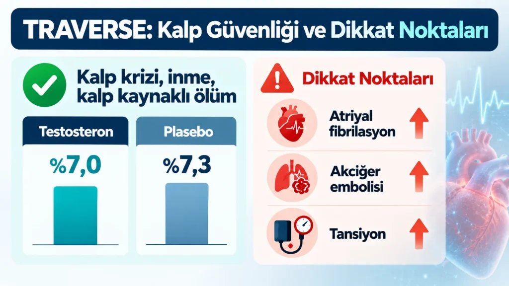 TRAVERSE çalışmasında testosteron ve plasebo gruplarında benzer kalp olayı oranlarını ve dikkat edilmesi gereken riskleri özetleyen grafik