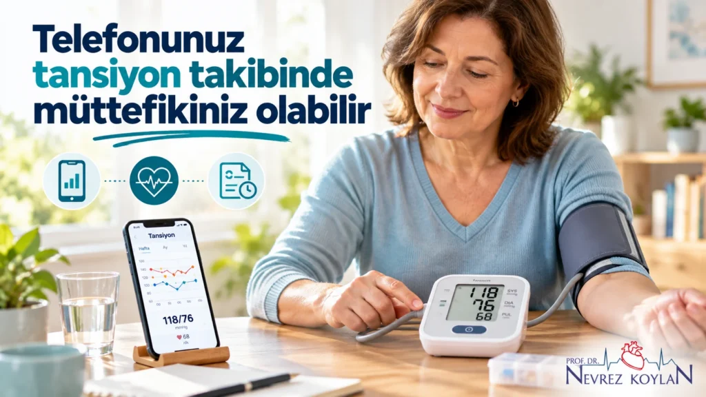 Evde dijital tansiyon aletiyle ölçüm yapıp sonuçları akıllı telefondaki uygulamaya kaydeden kadın; tansiyon takibinde telefonun faydalı kullanımı.