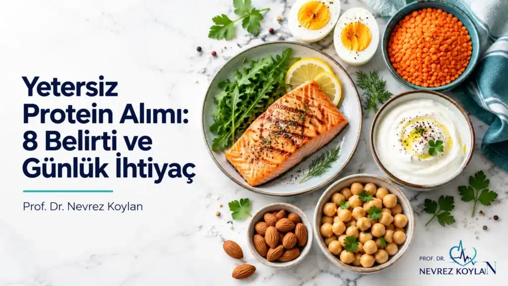 Yetersiz protein alımı: yumurta, balık, mercimek ve yoğurt gibi protein kaynakları ile kas sağlığını simgeleyen kapak görseli