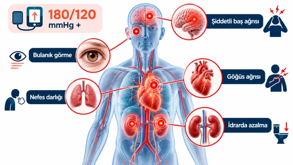 Malign hipertansiyon belirtilerini ve etkilediği organları (beyin, göz, kalp, aort, böbrek) gösteren infografik