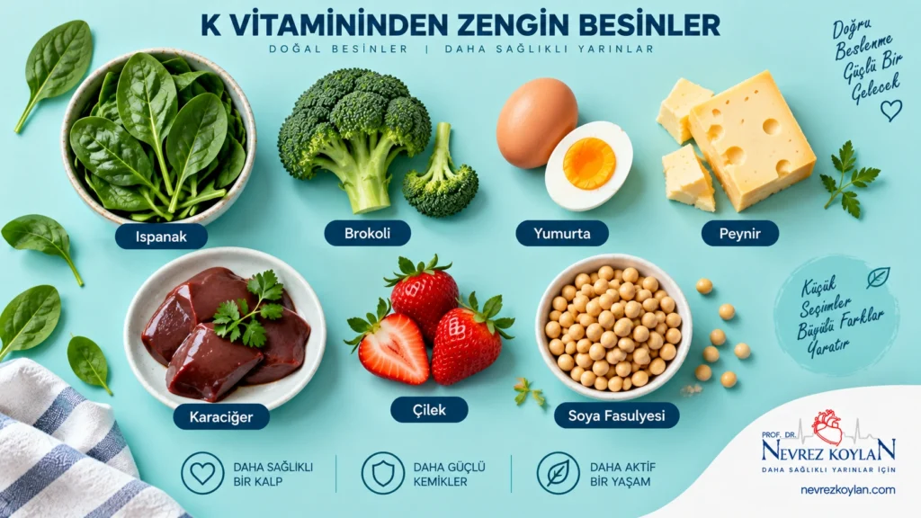 K vitamini içeren besinler: ıspanak, brokoli, yumurta, peynir ve karaciğer