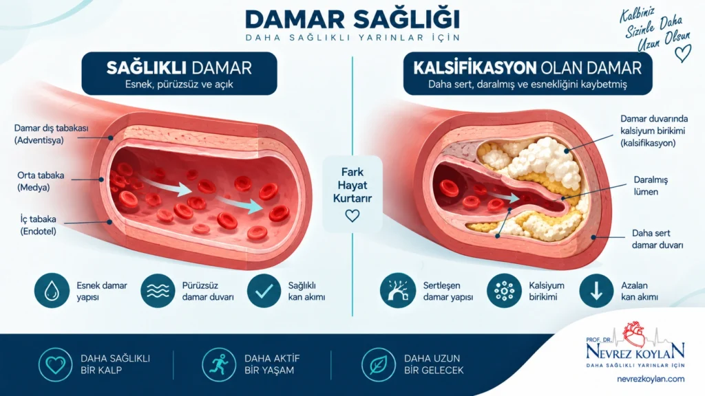 K vitamininin damar duvarı ve kalsifikasyon üzerindeki etkisini gösteren şematik görsel