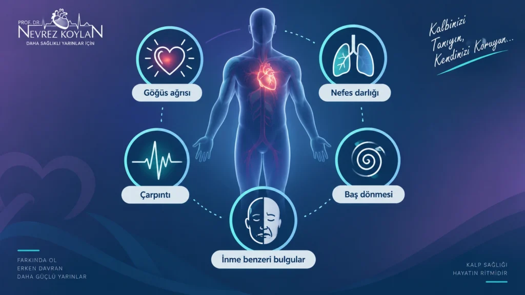 Kırık kalp sendromu belirtilerini gösteren infografik: göğüs ağrısı, nefes darlığı, çarpıntı, baş dönmesi