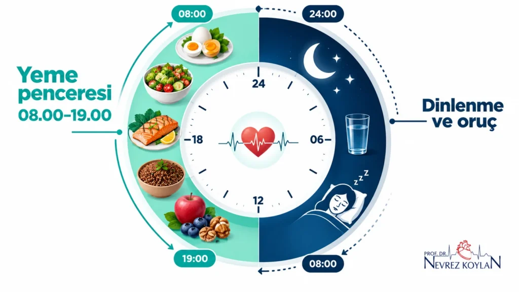 Zaman kısıtlı beslenmede 08.00-19.00 arası erken yeme penceresini gösteren infografik