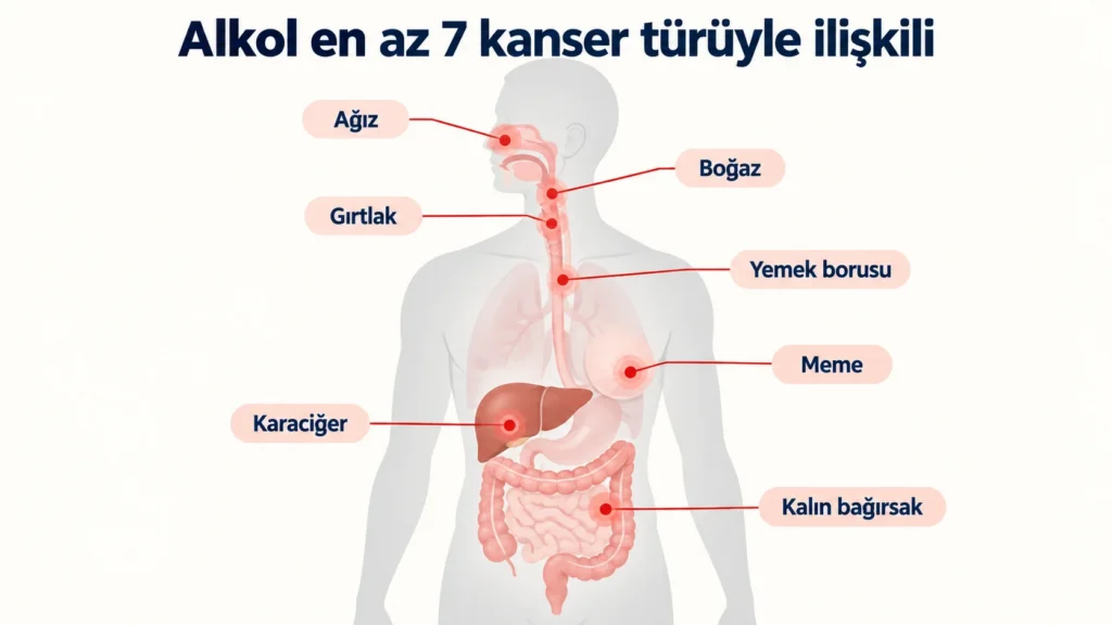 Alkolün nedensel olarak ilişkili olduğu yedi kanser türü: ağız, boğaz, gırtlak, yemek borusu, karaciğer, kalın bağırsak ve meme