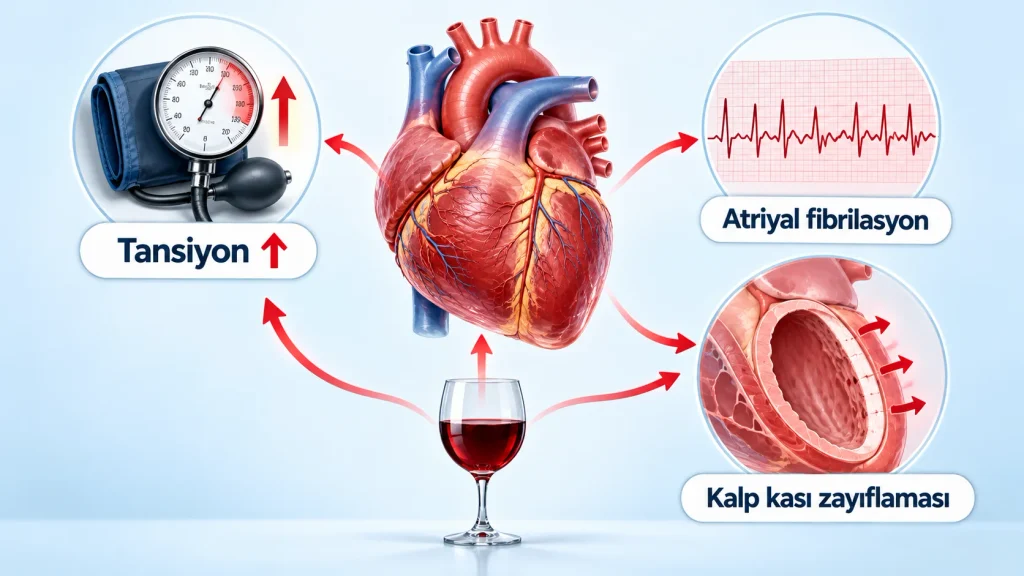 Alkolün kalbe üç etkisi: tansiyon yükselmesi, atriyal fibrilasyon ritim bozukluğu ve kalp kasının zayıflaması