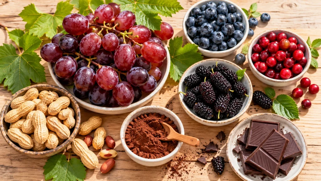 Resveratrol içeren besinler: kabuklu kırmızı üzüm, yaban mersini, kızılcık, dut, yer fıstığı ve kakao tozu ahşap masada
