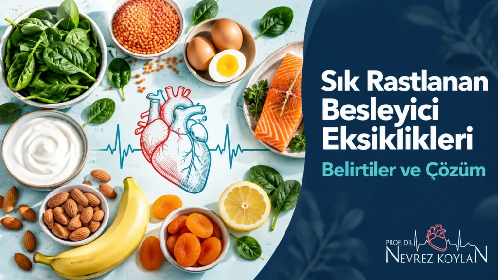 Sık rastlanan besleyici eksiklikleri kapak görseli: demir, B12, D vitamini, magnezyum ve potasyum kaynağı besinler, kalp sembolü ve Prof. Dr. Nevrez Koylan logosu
