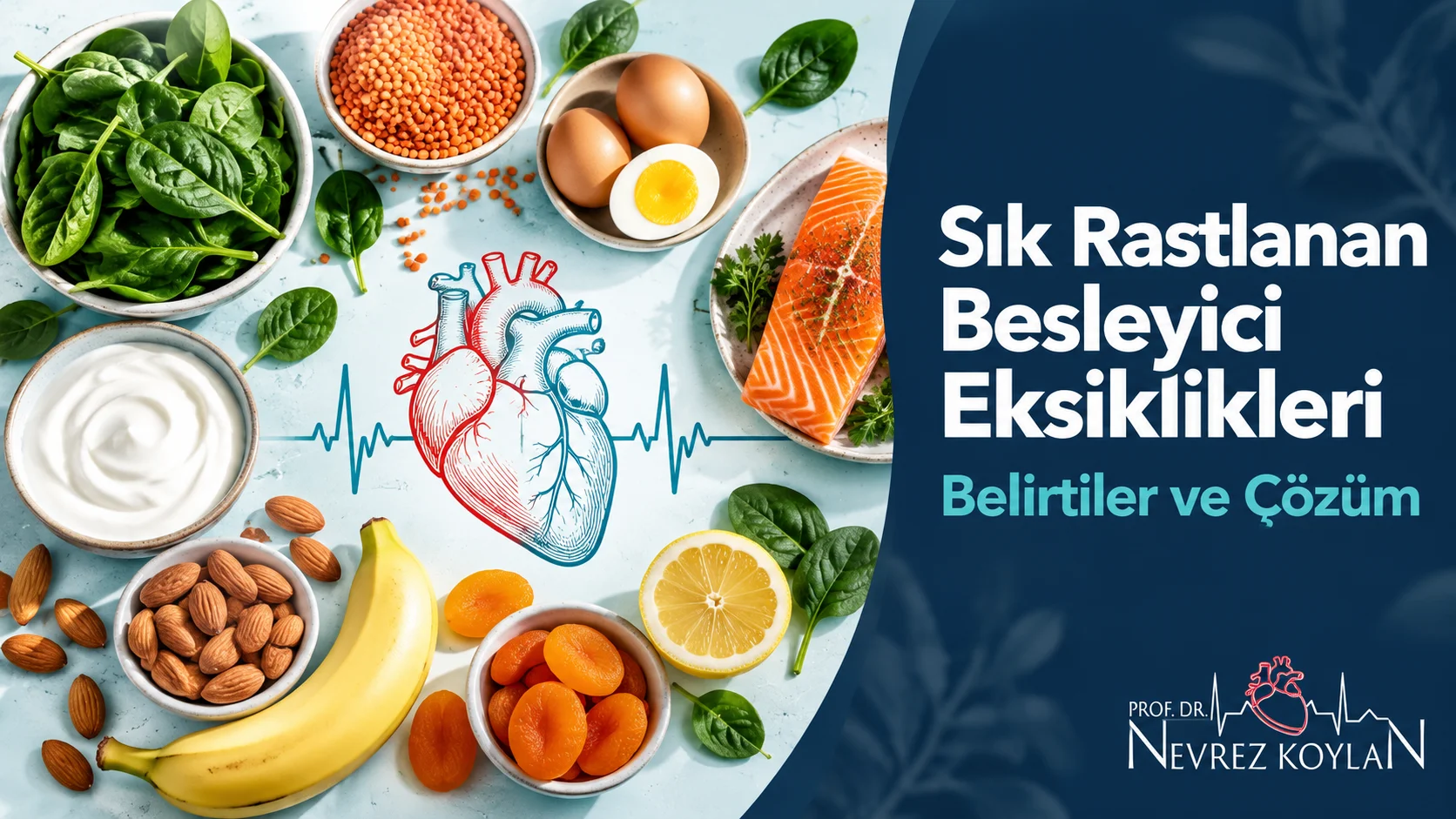 Sık rastlanan besleyici eksiklikleri kapak görseli: demir, B12, D vitamini, magnezyum ve potasyum kaynağı besinler, kalp sembolü ve Prof. Dr. Nevrez Koylan logosu