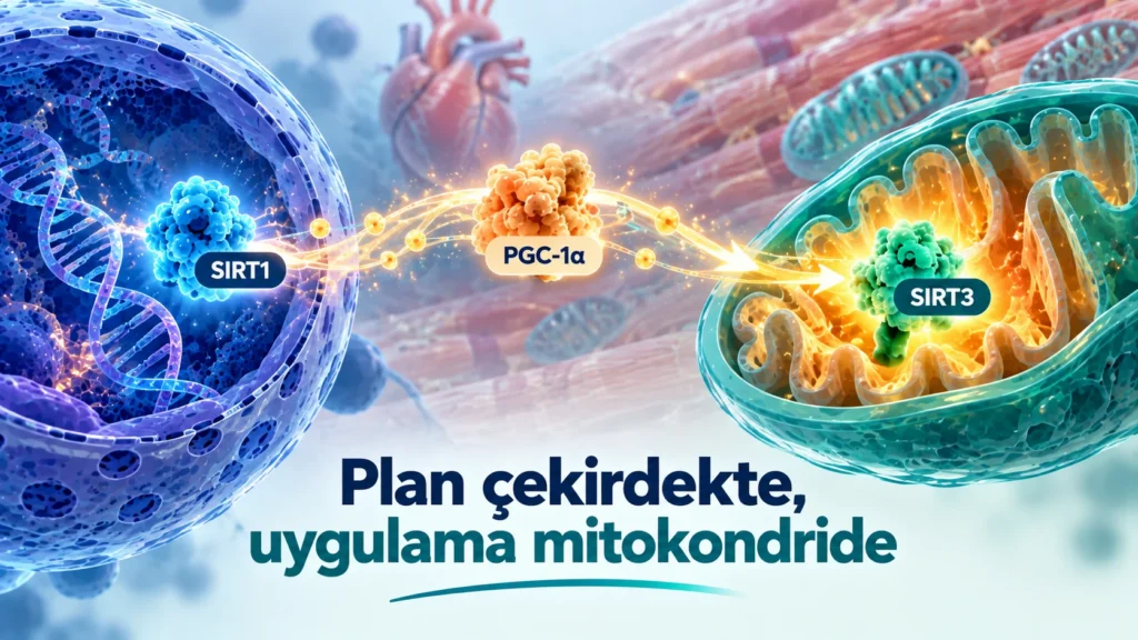 SIRT1'in çekirdekte PGC-1α'yı aktive edip mitokondrideki SIRT3 ile birlikte enerji üretimini düzenlemesini anlatan illüstrasyon