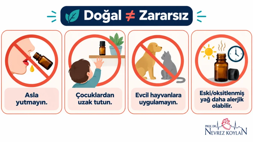Çay ağacı yağı yan etkileri: yutulmamalı, çocuklardan uzak tutulmalı, evcil hayvanlara uygulanmamalı ve oksitlenen yağ alerji yapabilir uyarıları