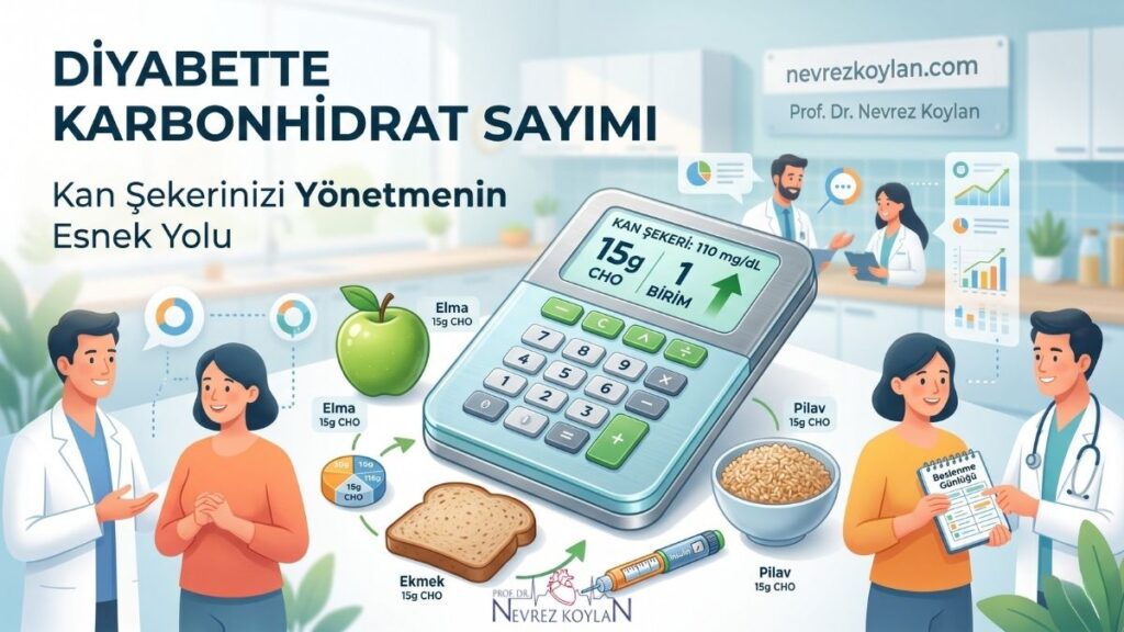 Diyabet yönetiminde karbonhidrat sayımı yöntemini açıklayan infografik görseli; merkezde kan şekeri takibi yapan bir hesap makinesi, çevresinde elma, ekmek ve pilav gibi 15 gram karbonhidrat içeren örnek besinler ve beslenme günlüğü tutan sağlık profesyonelleri ile diyabetli birey illüstrasyonu.