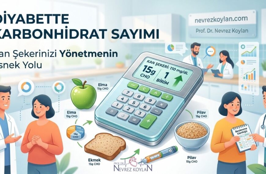 Diyabet yönetiminde karbonhidrat sayımı yöntemini açıklayan infografik görseli; merkezde kan şekeri takibi yapan bir hesap makinesi, çevresinde elma, ekmek ve pilav gibi 15 gram karbonhidrat içeren örnek besinler ve beslenme günlüğü tutan sağlık profesyonelleri ile diyabetli birey illüstrasyonu.