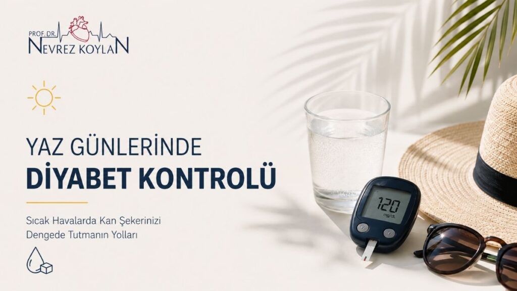 Minimalist sağlık infografiğinde açık krem tonlarında bir arka plan üzerinde “Tatilde Diyabet Yönetimi İçin Hazırlıklı Olun” başlığı yer alıyor. Sağ tarafta plaj arka planı önünde valiz, hasır şapka, güneş gözlüğü ve içinde glukometre, insülin kalemi ile insülin şişesi bulunan mavi taşıma çantası görülüyor. Sol bölümde tatil öncesi planlama, yeterli diyabet malzemesi taşıma, ilaçları uygun koşullarda saklama, bol su içme ve günlük rutini koruma gibi öneriler sade ikonlarla anlatılıyor. Alt bölümde “Hazırlıklı olun, tatilinizin tadını güvenle çıkarın!” mesajı ve palmiye ağacı illüstrasyonu bulunuyor. Görselin üst kısmında Prof. Dr. Nevrez Koylan logosu yer alıyor ve genel tasarım yaz tatilinde güvenli diyabet yönetimini modern, ferah ve minimalist bir tarzda vurguluyor.