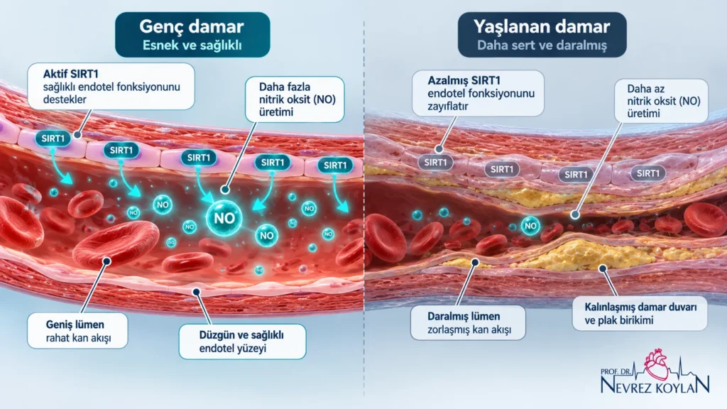 Sirtuinler ve kalp-damar sağlığı: SIRT1'in endotelde nitrik oksit üretimini destekleyerek damarı gevşetmesini gösteren çizim