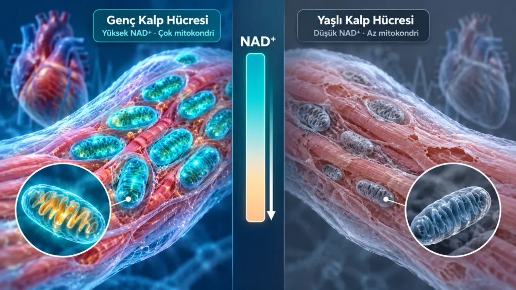 Yaşla birlikte azalan NAD+ düzeyinin kalp kası hücresi üzerindeki etkisini karşılaştıran illüstrasyon