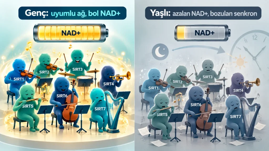 Yaşla NAD+ düzeyinin azalmasıyla sirtuin ağındaki uyumun bozulmasını orkestra benzetmesiyle anlatan illüstrasyon