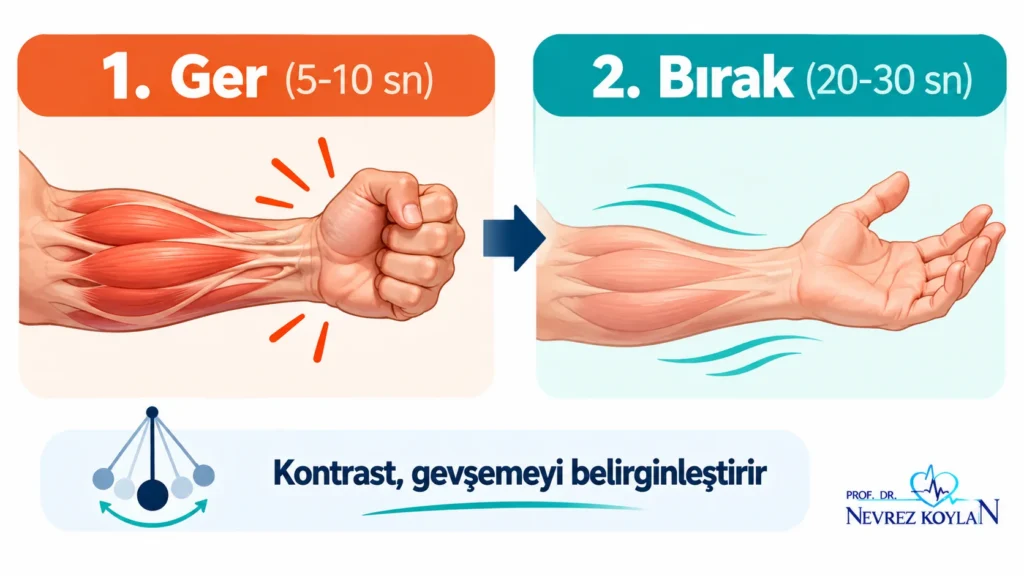 Kas gevşetme tekniklerinin temel mantığını gösteren infografik: kası 5-10 saniye germe ve 20-30 saniye bırakma