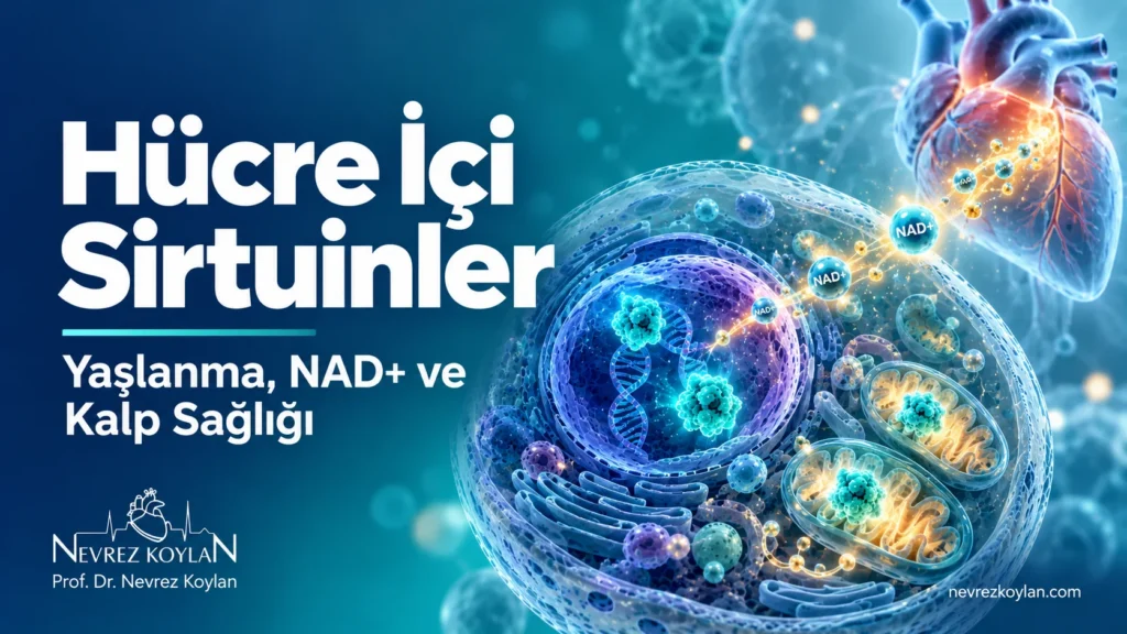 Hücre içi sirtuinler ve NAD+ molekülünü kalp silüetiyle birlikte gösteren kapak görseli