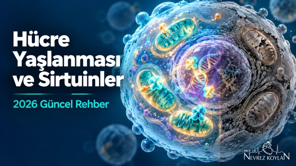 Hücre yaşlanması ve sirtuinler: DNA ve mitokondriyi koruyan sirtuin enzimlerini gösteren hücre illüstrasyonu